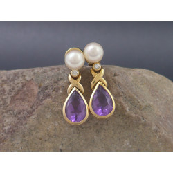 Gold Ohrringe mit Perlen, Amethyst und Diamanten